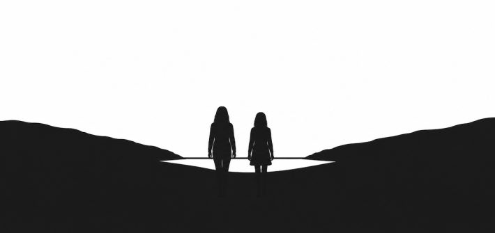 A simple silhouette drawing of two women in the distance, one taller than the other, facing a river