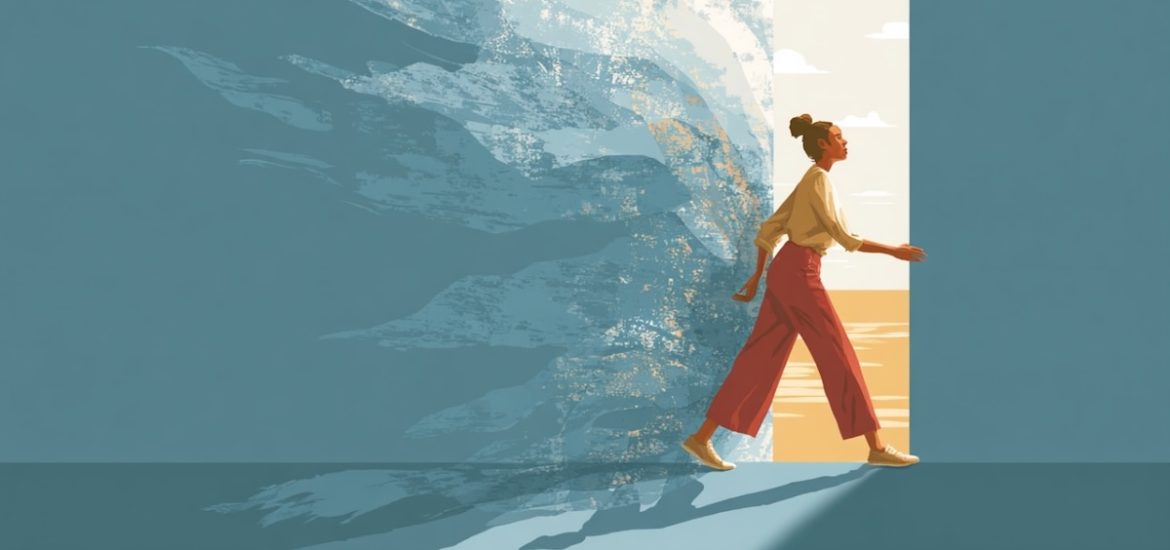 A drawing of a woman walking away from her "past" and moving forward illustrates how to get closure
