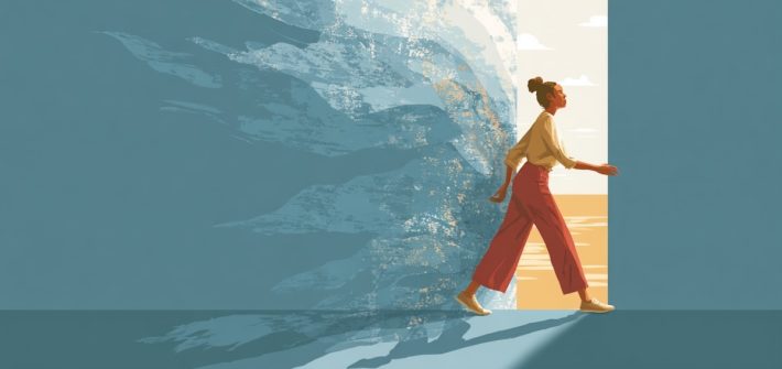 A drawing of a woman walking away from her "past" and moving forward illustrates how to get closure