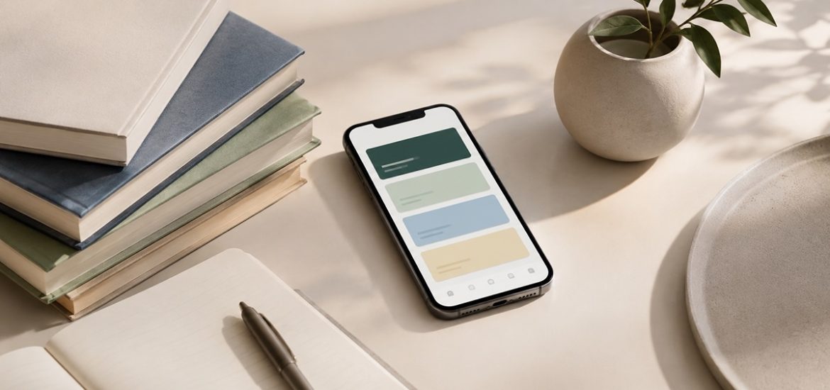 A smartphone on a table next to a stack of books and a notebook, representing Blinkist's free trial