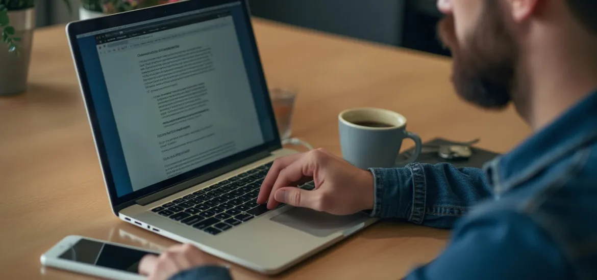 A bearded man engaged in internet reading on a laptop at a desk with a mobile phone and a cup of coffee