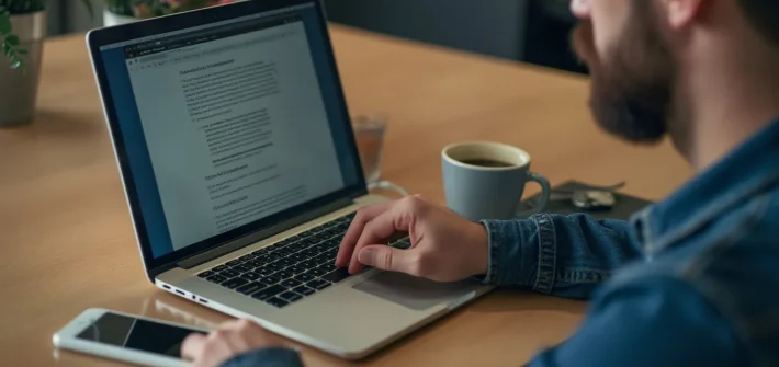A bearded man engaged in internet reading on a laptop at a desk with a mobile phone and a cup of coffee