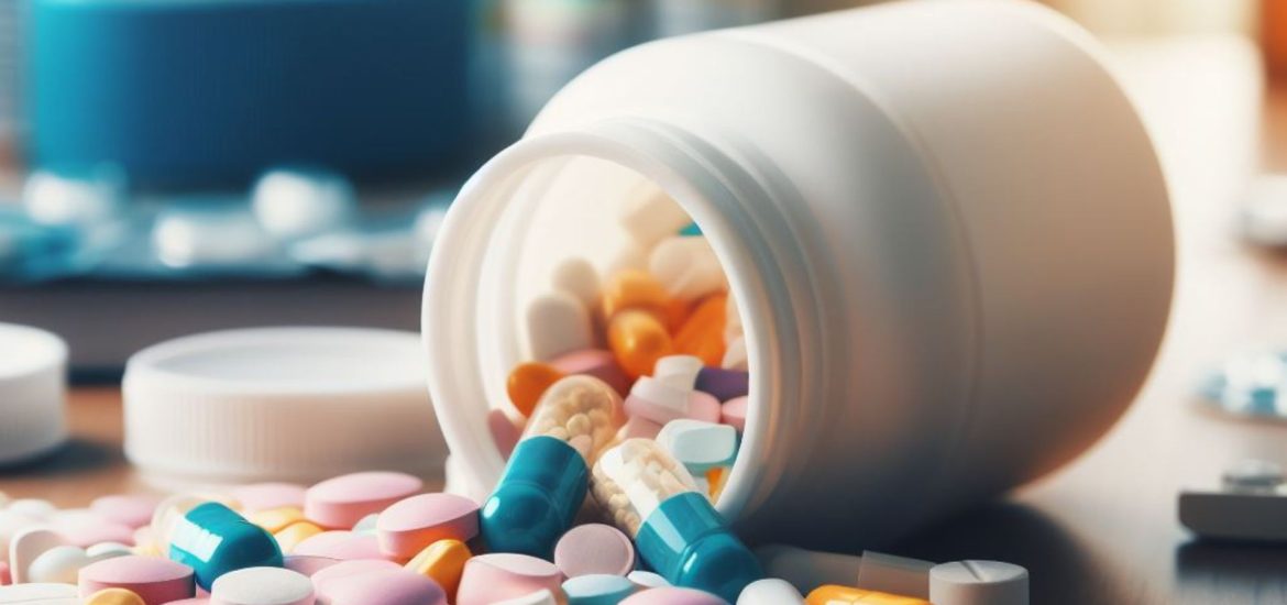 A bottle of pills spilled on the table