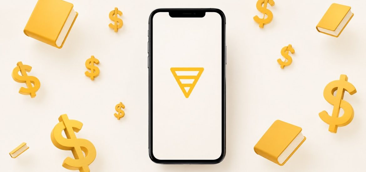 A cellphone with a Shortform pricing logo on the screen, surrounded by yellow books and dollar signs