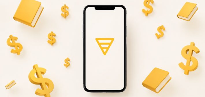 Um celular com o logotipo da Shortform na tela, rodeado por livros amarelos e símbolos de dólar