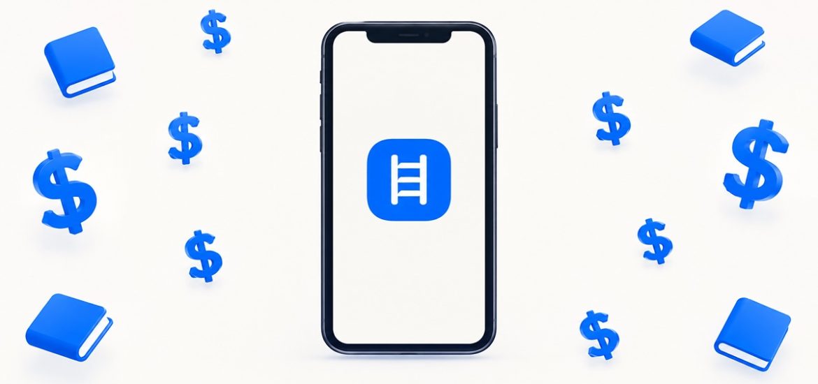 The Headway logo on a smartphone screen, surrounded by dollar signs and books, representing Headway app's cost