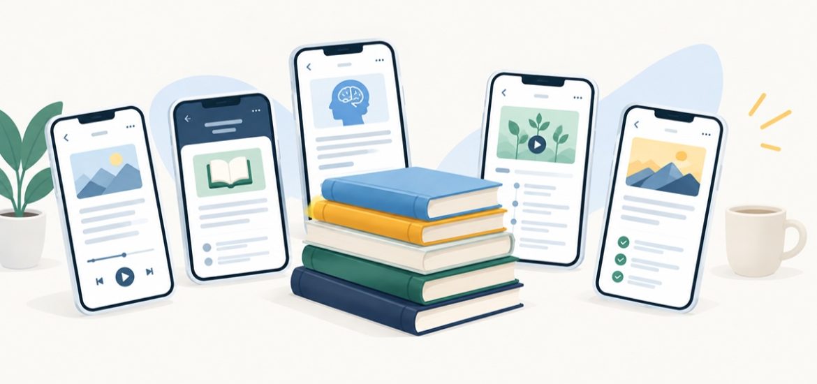 Nonfiction book summary apps on phones surrounding a stack of books